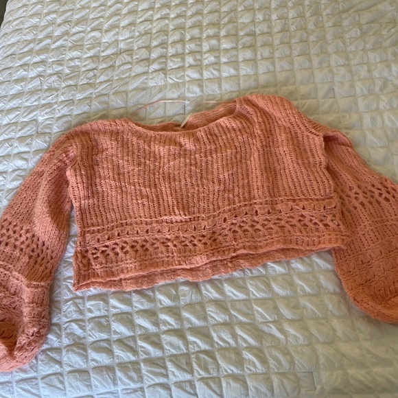 Free People Alpaca boho crochet coral crop sweater - Picture 1 of 9